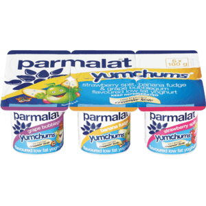 Parmalat Yumchums Strawberry Split Banana Fudge Grape Bubblegum Flavoured Low Fat Yoghurt Multipack 6 x 100g - myhoodmarket