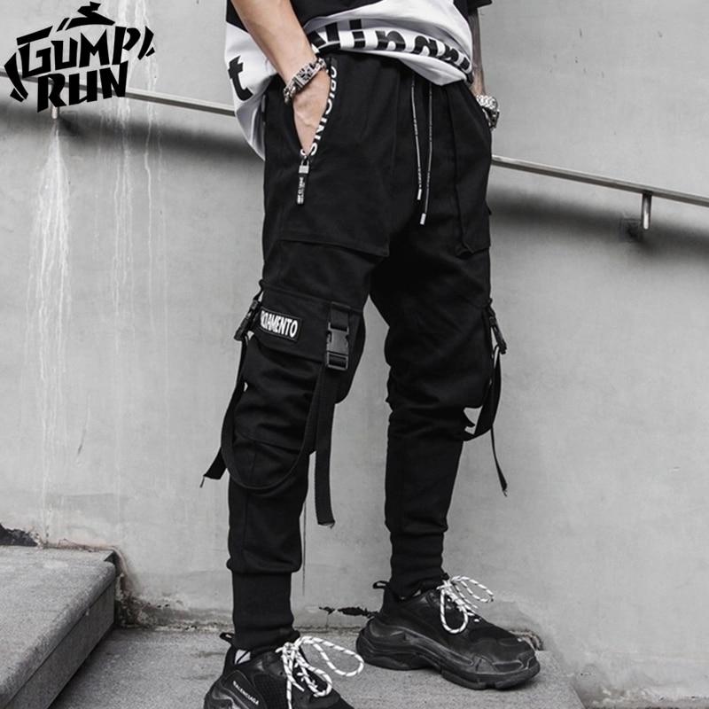 Black Harem Overalls Multi-Pocket Ribbon cargos