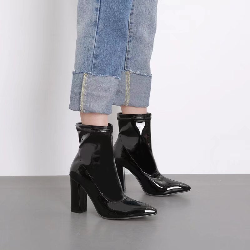 Women's Boots Elastic Soft Leather Thick Heel Sleeve Short Boots