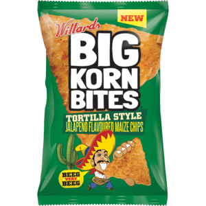 Willards Big Korn Bites Tortilla Style Jalepeno Flavoured Maize Chips 200g - myhoodmarket